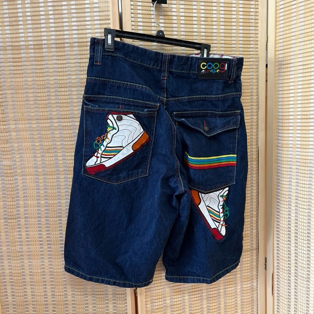 Coogi Y2K, tennis shoe pride graphics dark blue denim shorts 36x13